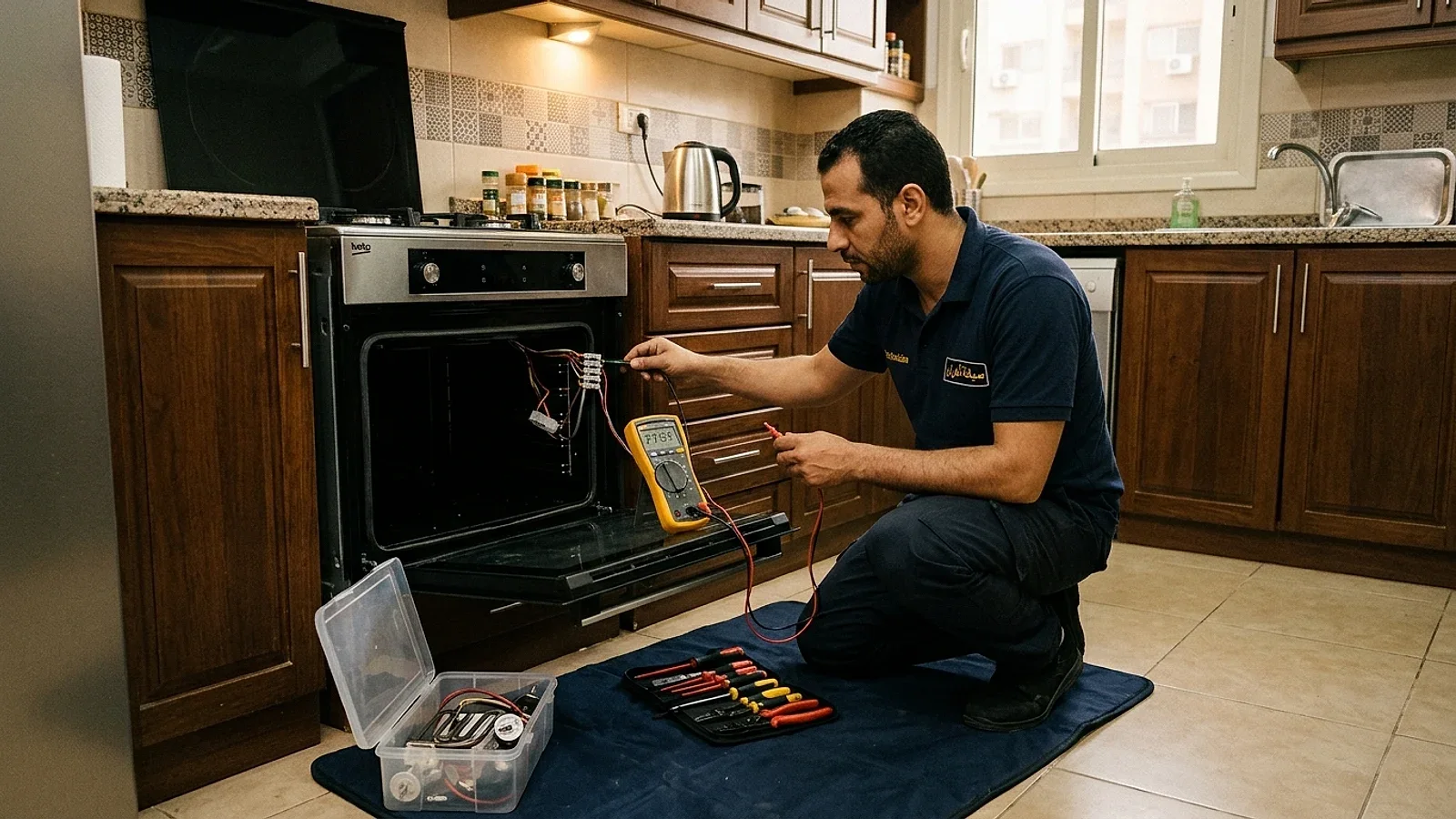 مهندس صيانة يفحص التوصيلات الكهربائية وهيتر فرن بلت ان بالمنزل في الاسكندرية