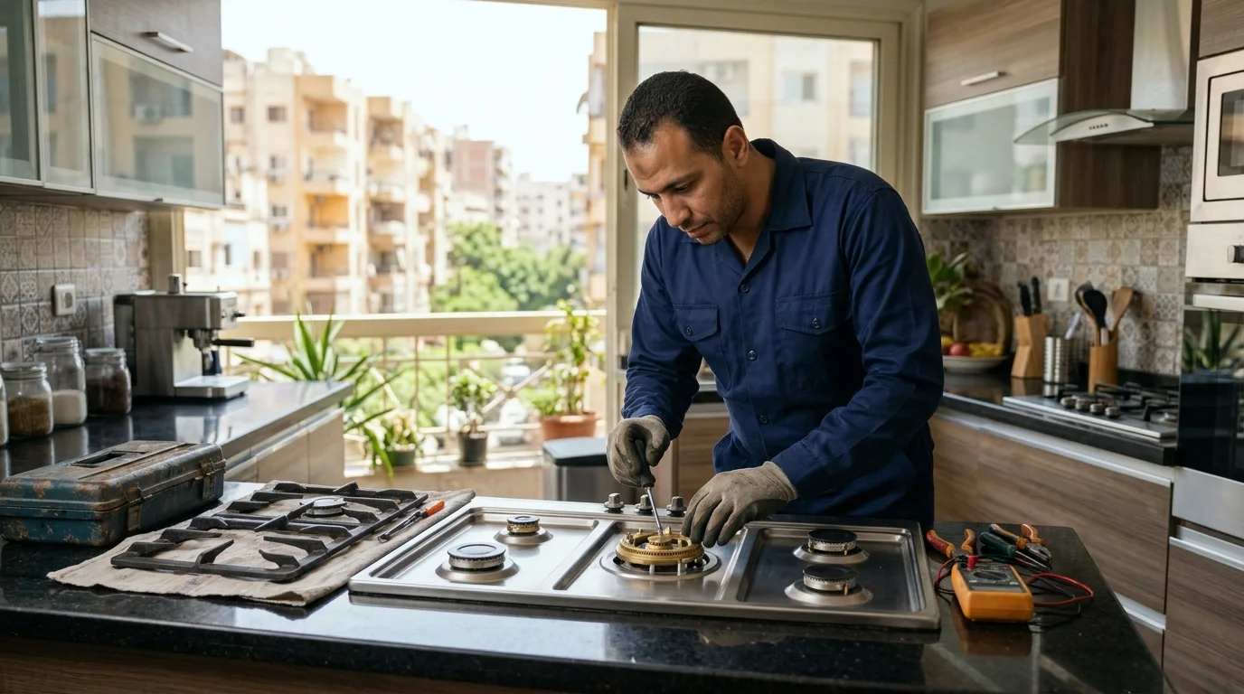 مهندس صيانة بوتاجازات يفحص فواني الغعلات وصمامات الأمان في الدقي والمهندسين بالجيزة