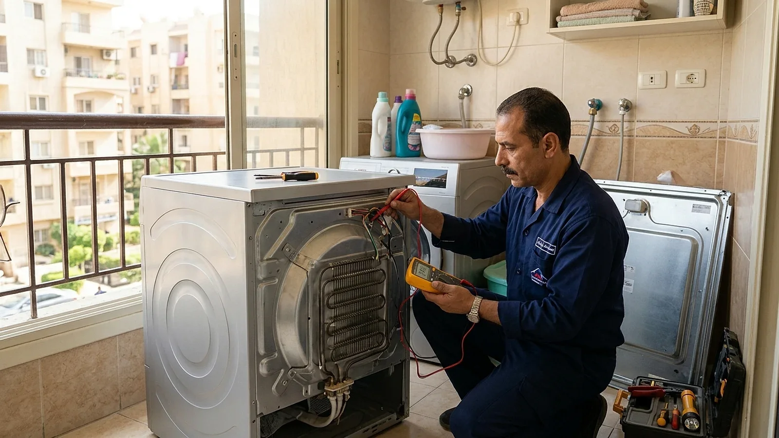 مهندس صيانة يفحص دائرة التسخين وموتور مجفف ملابس بالمنزل في الاسكندرية