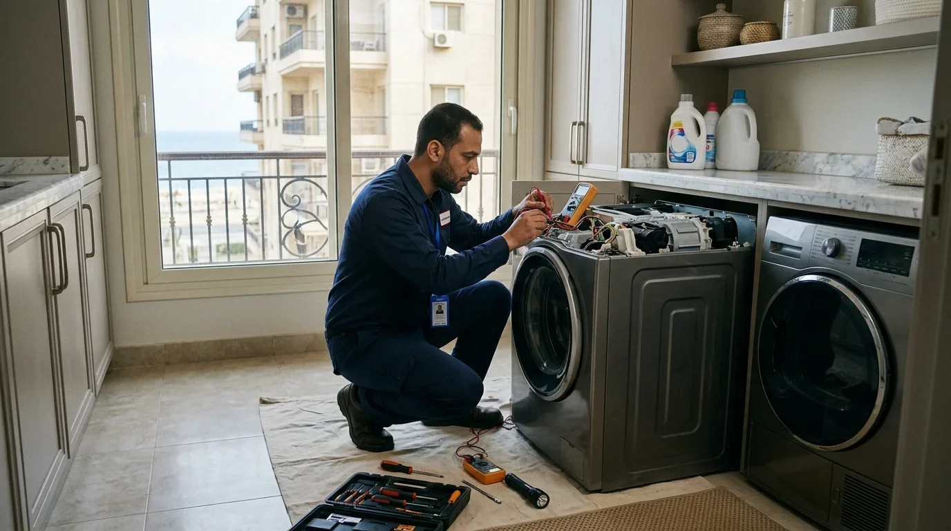 مهندس صيانة يفحص غسالة ملابس أوتوماتيك داخل منزل بالإسكندرية