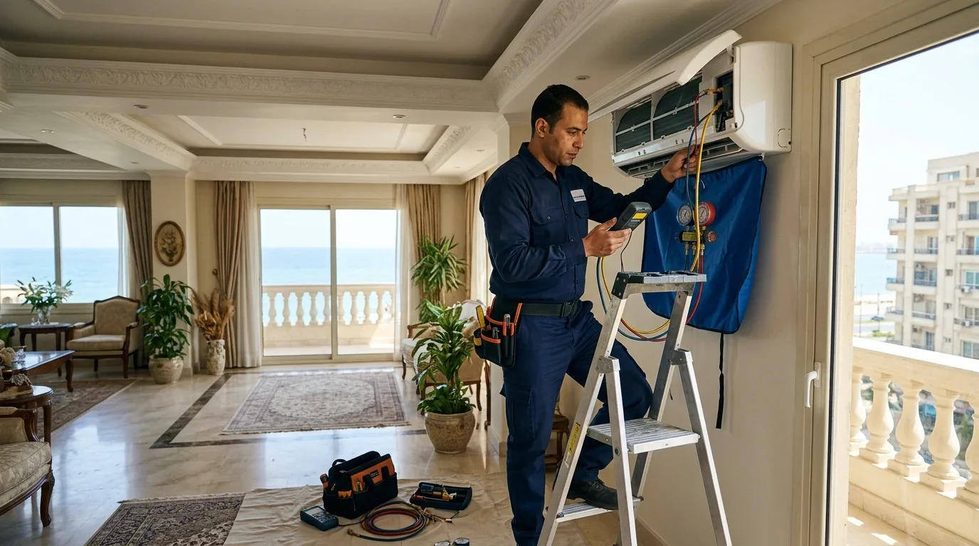مهندس صيانة يفحص تكييف سبليت بالمنزل في الإسكندرية