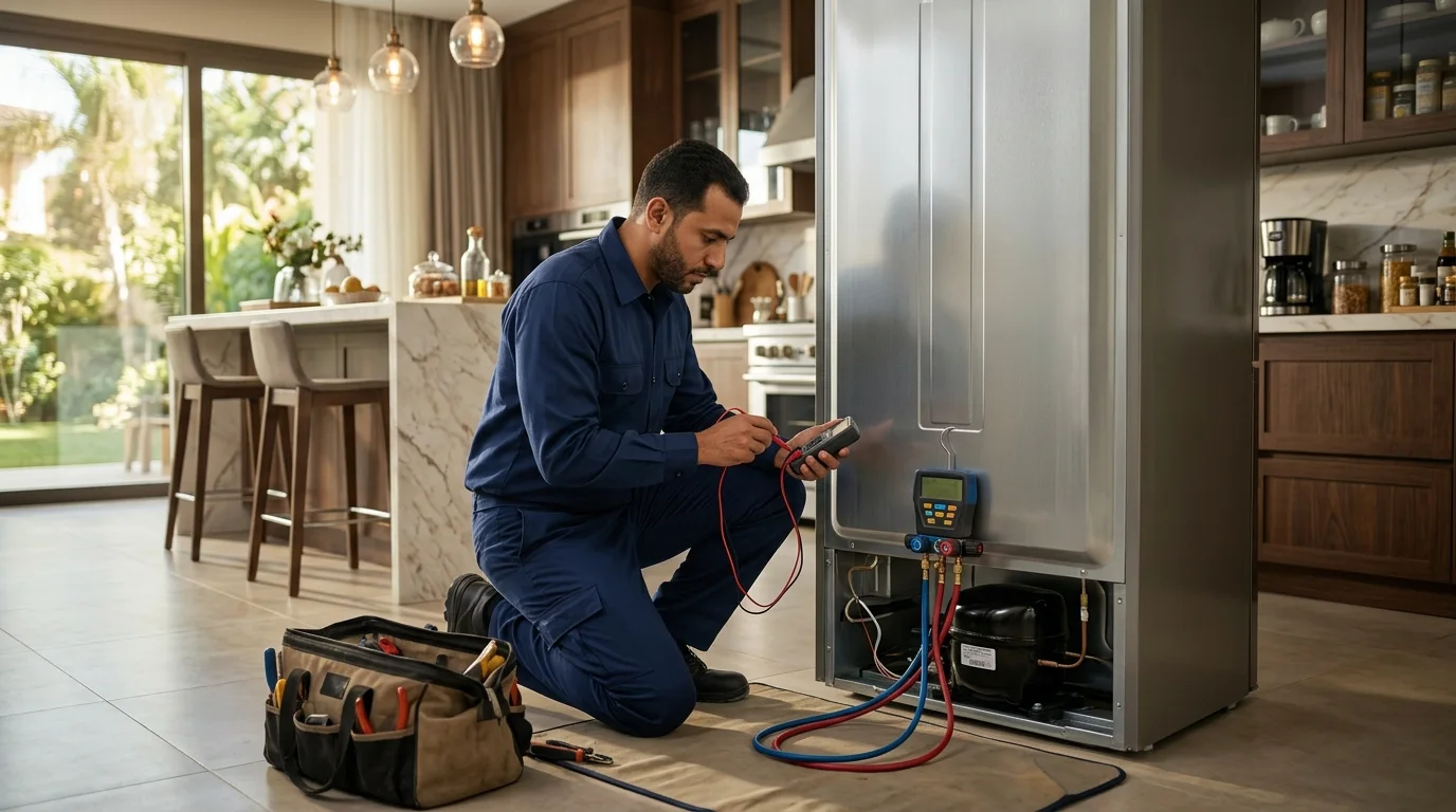 مهندس صيانة ثلاجات يفحص كباس الإنفرتر وضغط الفريون في التجمع الخامس