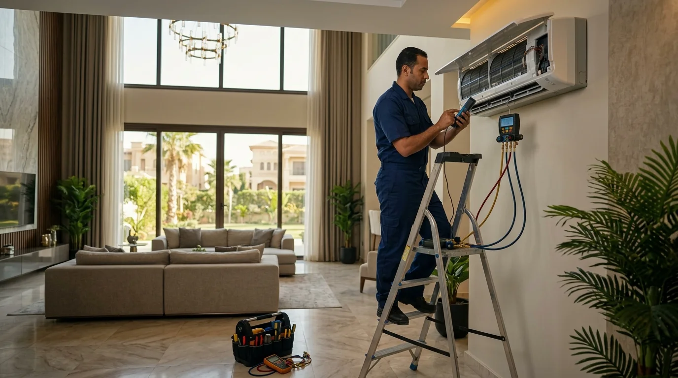 مهندس صيانة تكييفات يفحص ويصين التكييف الاسبليت في فيلا بالتجمع الخامس