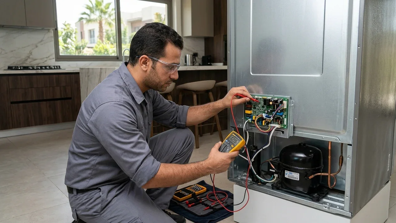 مهندس صيانة ثلاجات يفحص كارتة الإنفرتر والضاغط بالأجهزة الرقمية في الشيخ زايد والسادس من أكتوبر