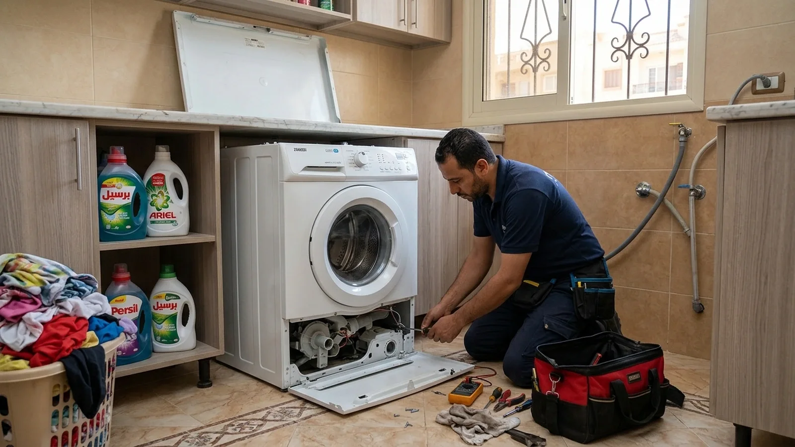مهندس صيانة يفحص غسالة ملابس أوتوماتيك ويشخص كارتة التشغيل في 6 اكتوبر والشيخ زايد