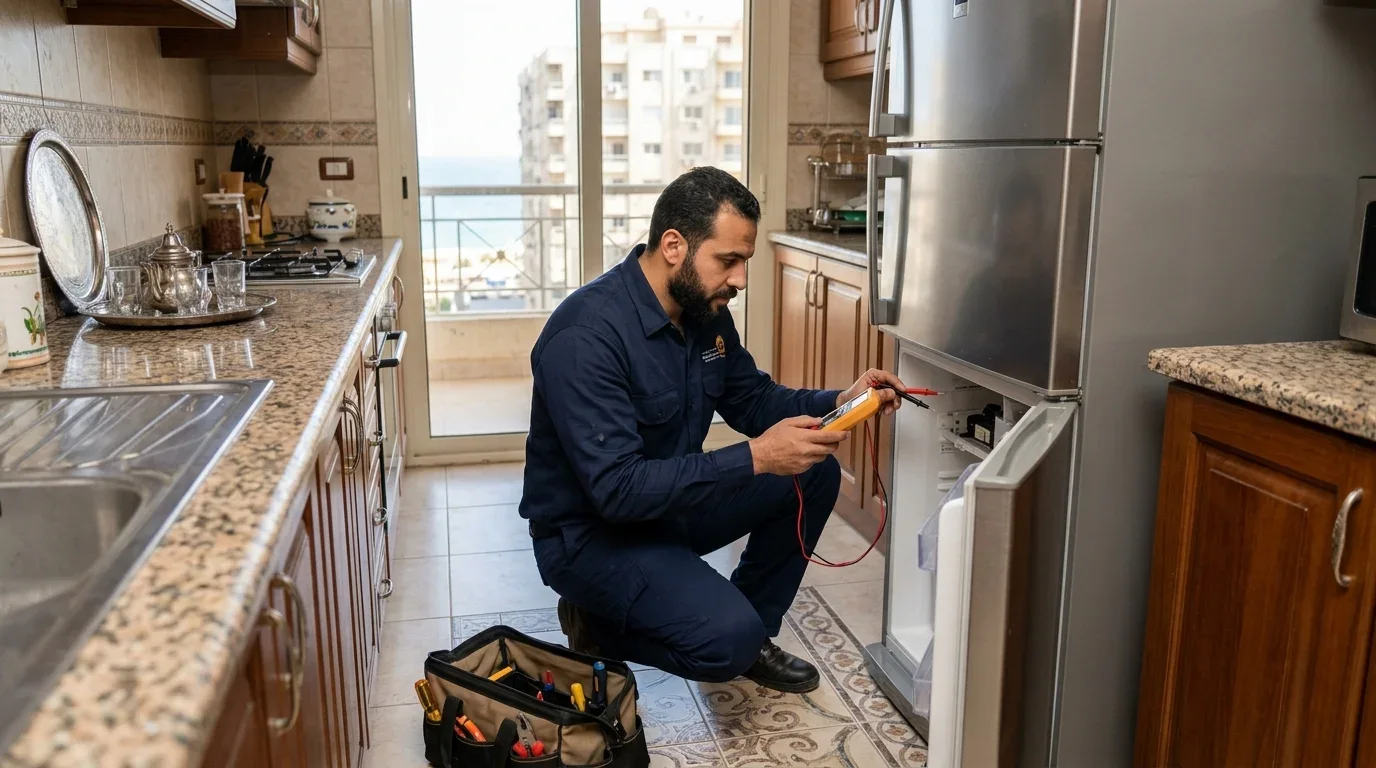 مهندس صيانة يفحص ثلاجة نوفروست بالمنزل في الإسكندرية