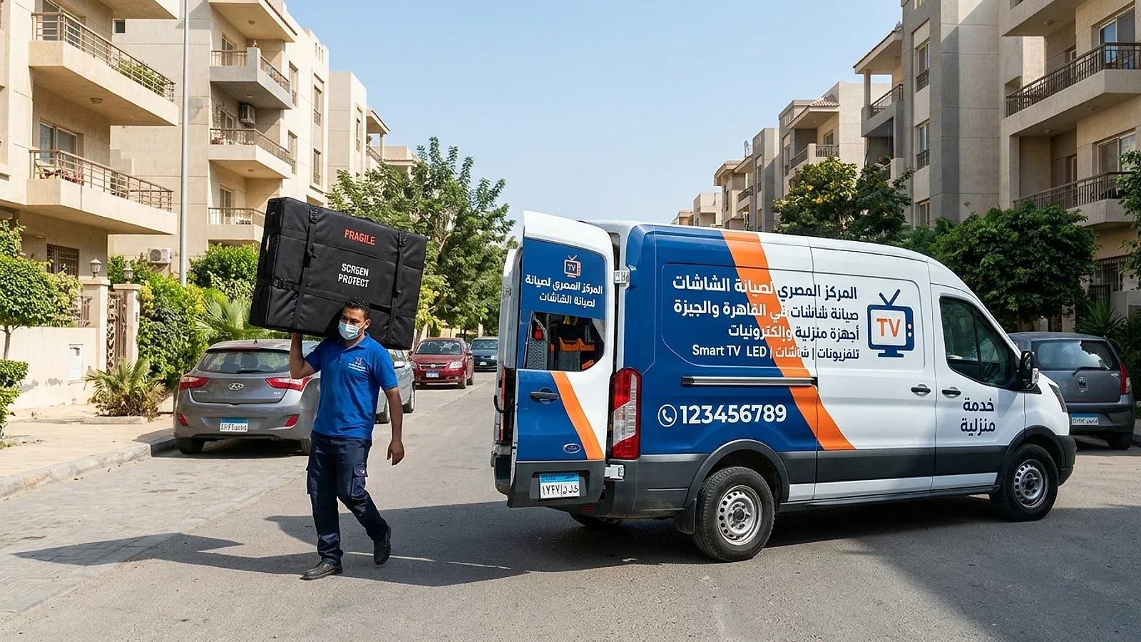 سيارة خدمة منزلية مجهزة لنقل وتصليح الشاشات في أحياء القاهرة والجيزة