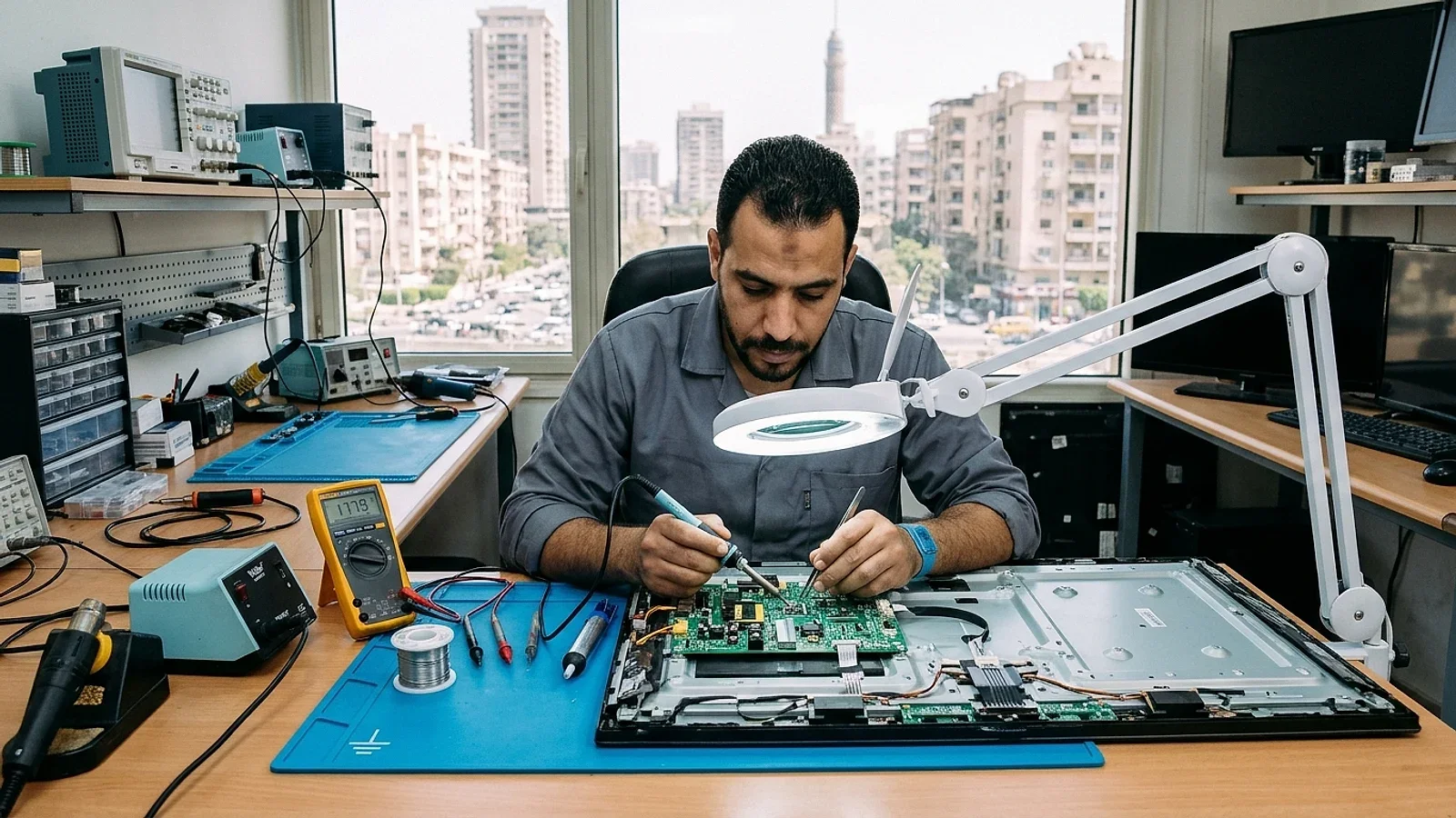 فني صيانة شاشات يفحص اللوحة الإلكترونية ومساطر الليد لشاشة تلفزيون مسطحة في القاهرة والجيزة