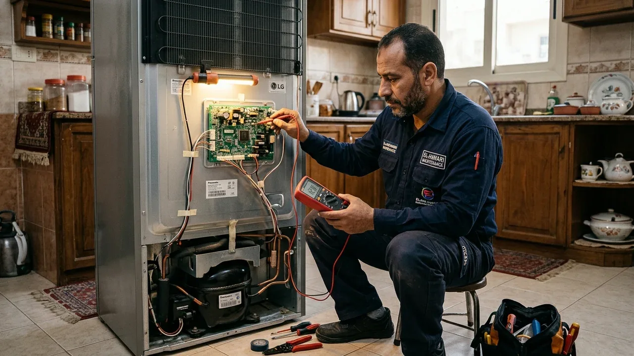 مهندس صيانة ثلاجات يفحص كارتة الإنفرتر والضاغط بالأجهزة الرقمية في دمنهور والبحيرة