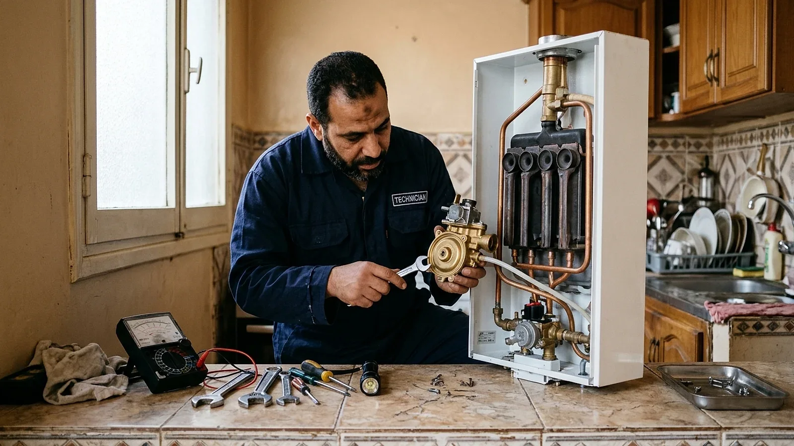 مهندس صيانة يفحص ويصلح سخان غاز ومياه منزلي بالمنزل في الإسكندرية